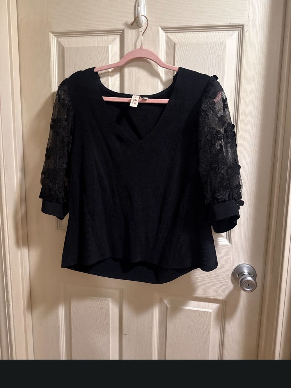 dolan Black V-Neck Top with Sheer Floral Puff Sleeves